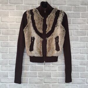 Sans Souci Wool Blend Y2K Style Wool Blend Jacket Faux Fur Chocolate Brown Med